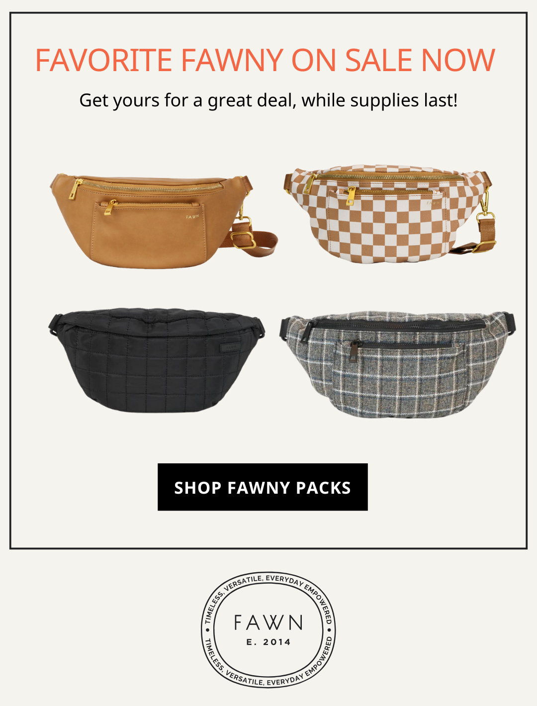 Different styles of Fawn Design Fawny Packs shown